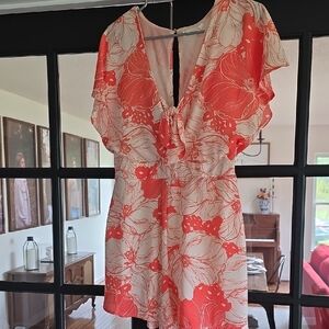 Lush Coral and Cream Floral V-Neck Mini Dress